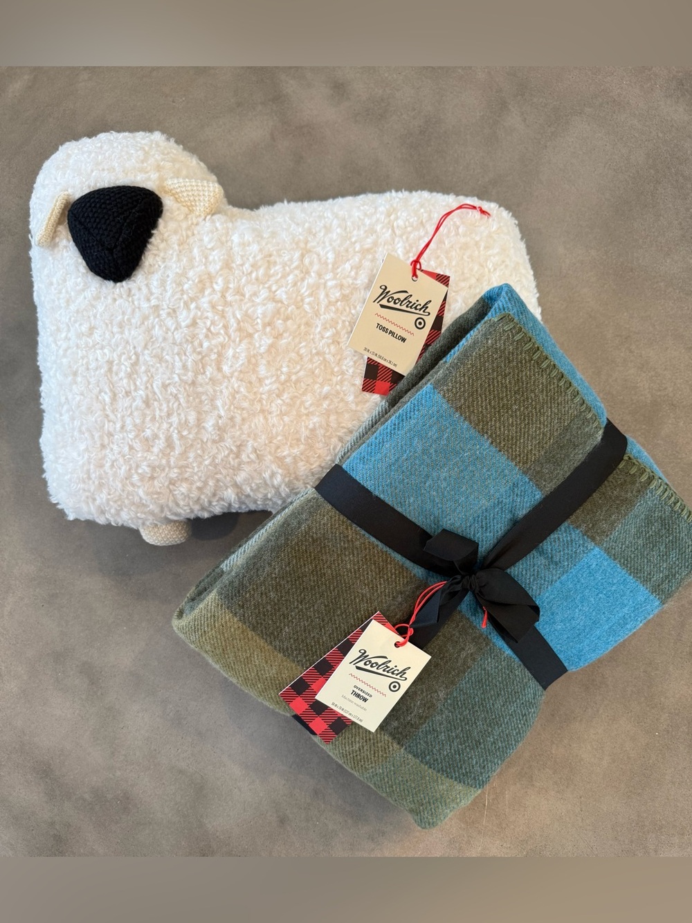 NWT bundle of Woolrich Oversized Throw Blanket Blue & Green and sheep pillow.